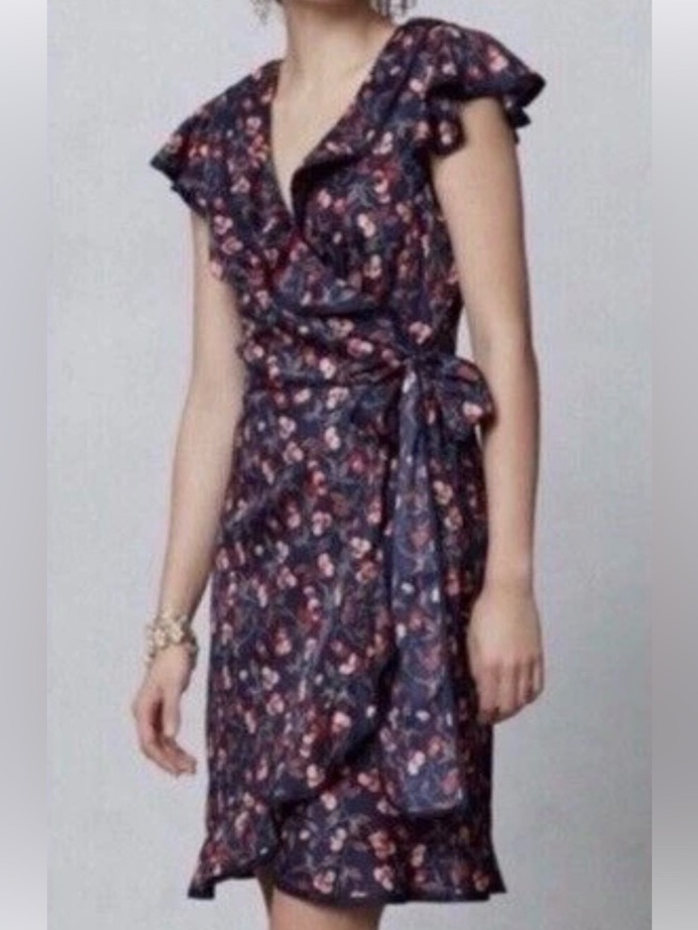 Anthro Hi There from Karen Walker Cereja Cherry Print Ruffle Wrap Dress Size 2